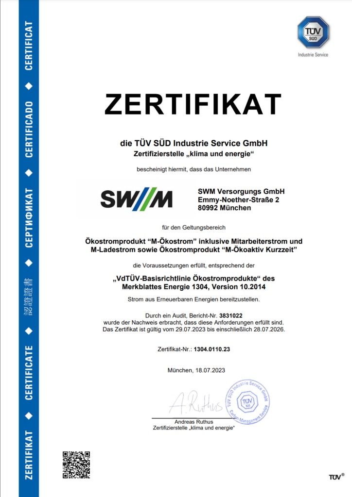 Zertifikat für Strom aus erneuerbaren Quellen vom TÜV Süd.